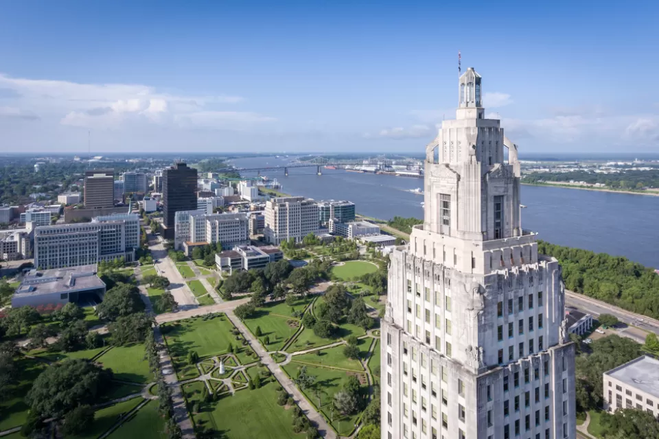 View of Louisiana state capitol building and downton Baton Rouge, LA